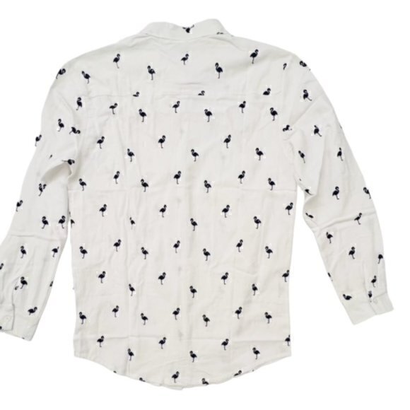 SALE!! 2 for $15 SHEIN Button Up Blouse Long Sleeve M Blue Flamingos Tropical - Picture 11 of 11